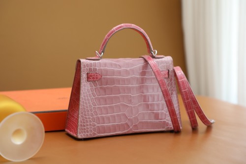 Hermes Kelly Mini II Crocodile Leather Handmade Bag In Pink