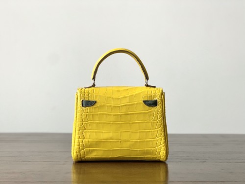 Hermes Kelly Doll Crocodile Handmade Bag In Lime/Vert Amande
