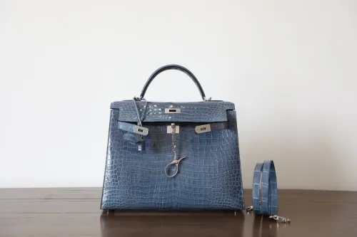 Hermes Kelly 28 Crocodile leather Handmade Bag In Blue Jean