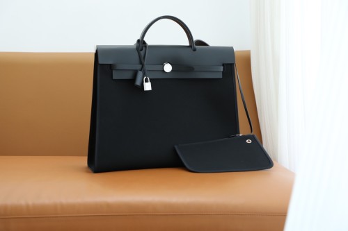 (Authentic Quality)Replica Hermes Herbag 39 Fabric/Swift Inside Stitch Handmade Bag In Noir