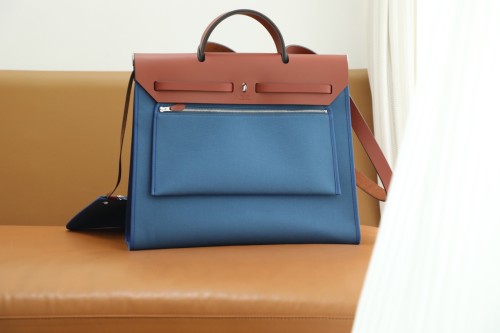 (Authentic Quality)Replica Hermes Herbag 39 Fabric/Swift Inside Stitch Handmade Bag In Sienne/Bleu Zanzibar