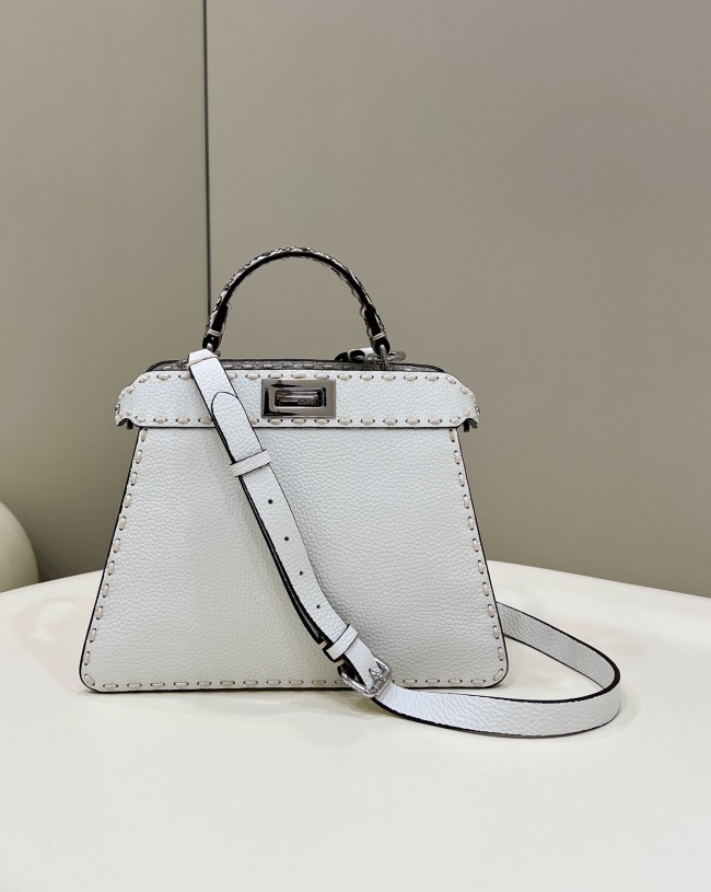 (Authentic Quality)Replica Fendi Peekaboo 27 Snake Handle Outside Stitch In White