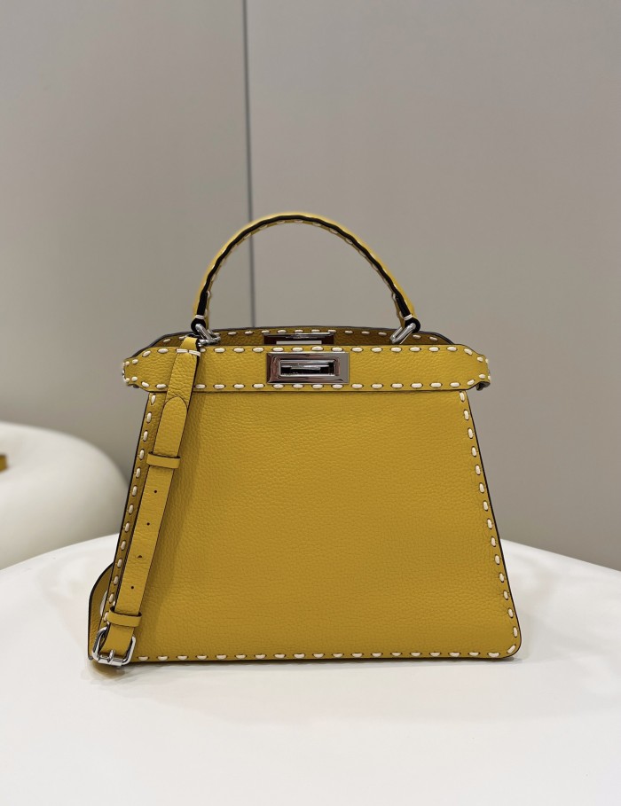 (Authentic Quality)Replica Fendi Peekaboo 33 Outside Handmade Stitch Caviar Cow Leather In Yellow