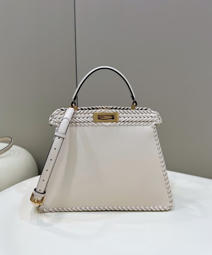 (Authentic Quality)Replica Fendi Peekaboo 33 Baby Calf Leather Handmade Knit  In White