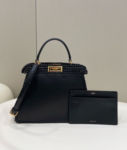 (Authentic Quality)Replica Fendi Peekaboo 33 Baby Calf Leather Handmade Knit  In Black