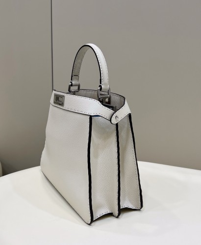 (Authentic Quality)Replica Fendi Peekaboo 33 Outside Handmade Stitch Caviar Cow Leather In White