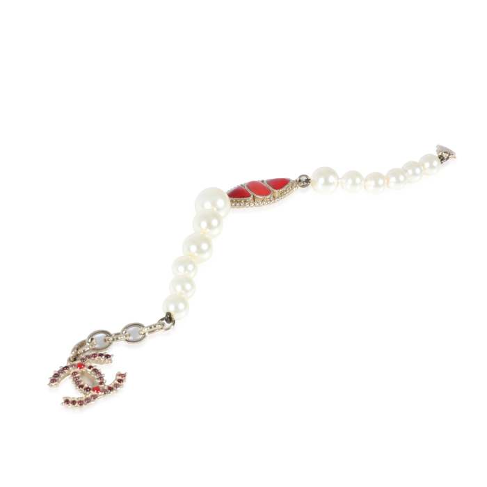 Chanel Faux Pearl & Red Gripoix CC Bracelet