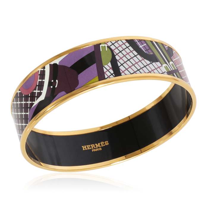 Hermès Plated Pour Sortier Printed Wide Enamel Bracelet (67MM)