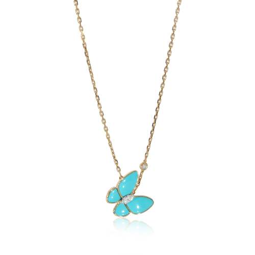 Van Cleef & Arpels Two Butterfly Pendant With Diamond & Turquoise  0.19 CTW