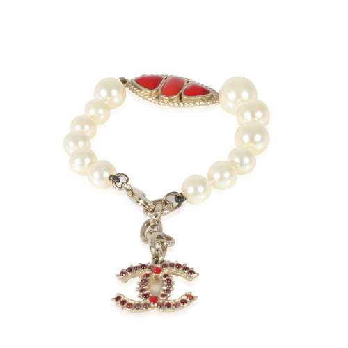 Chanel Faux Pearl & Red Gripoix CC Bracelet