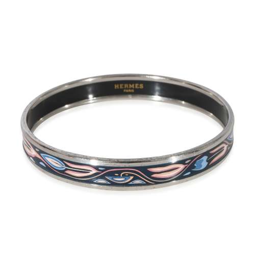 Hermès Narrow Enamel Bracelet With Pink & Blue Design Palladium Plated (67MM)