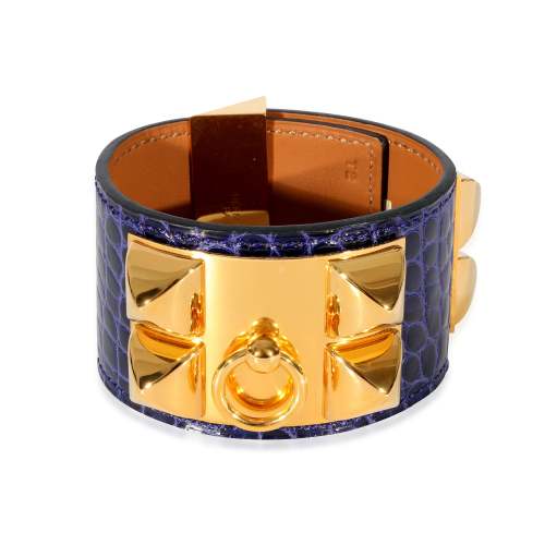 Hermès Gold Toned Collier De Chien 1.5  Wide Bracelet in  Purple Alligator