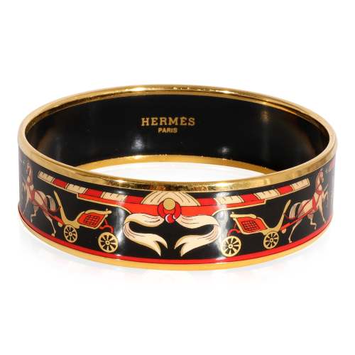 Hermès Plated Black Background Enamel Wide Bracelet with Calache Design (62MM)