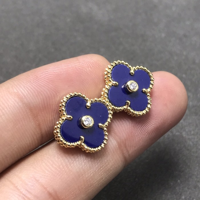 Van Cleef & Arpels Blue Clover Stud Earrings with Diamonds, Vintage Alhambra earrings