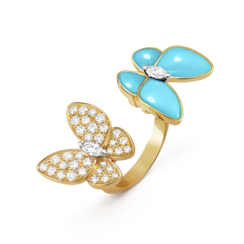 Van Cleef & Arpels Blue Butterfly & Full Diamond Butterfly Ring, Two Butterfly Between the Finger ring