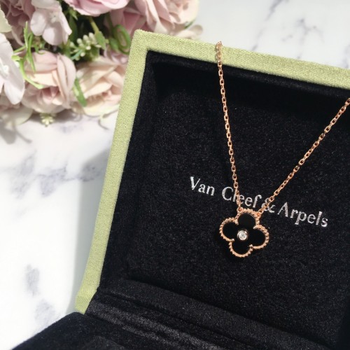 Van Cleef & Arpels Onyx Diamond Clover Necklace, Vintage Alhambra pendant