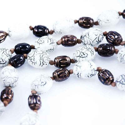 Victorian Beads Knotted Glass Bead Necklace White/Amber/ Copper Vintage