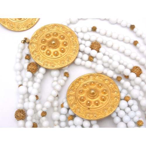 Gorgeous Vintage Les Bernard Signed Jewelry Parure 4 Pc White Beads & Huge Gold Discs Statement