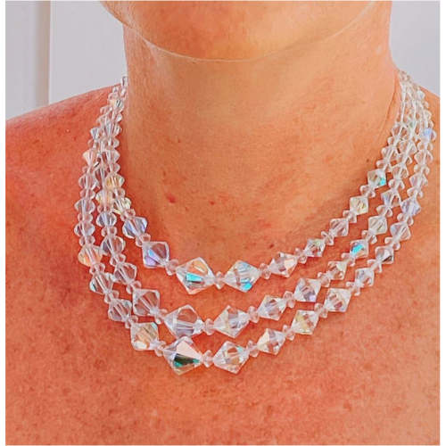 Vintage Aurora Borealis Diamond Cut Crystal Necklace Triple Strand 1950S
