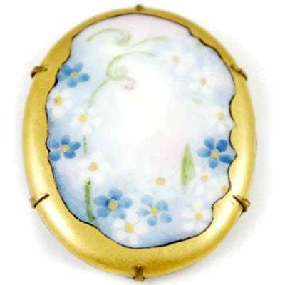 Victorian Hand-Painted Porcelain Floral Brooch Large
