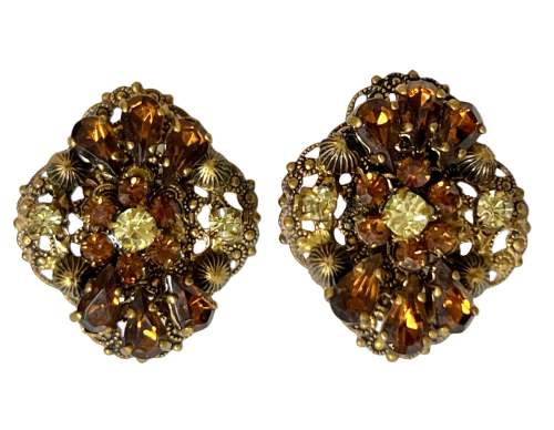 Vintage Prong Set Yellow & Amber Clip-On Earrings 1950S