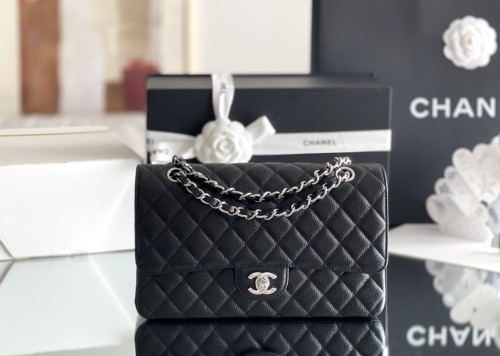 Chanel Classic Flap Outside Stitch Medium Size 25.5 Smooth Caviar Leather In Black