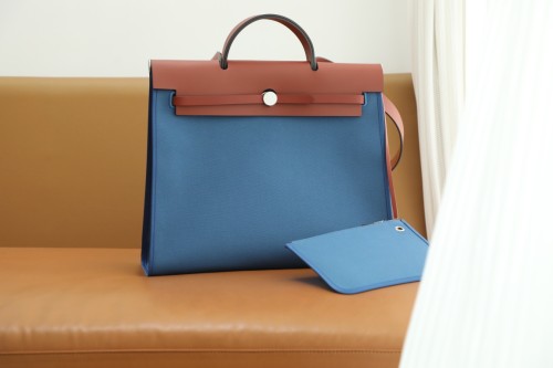 Hermes Herbag 39 Fabric/Swift Inside Stitch Handmade Bag In Sienne/Bleu Zanzibar