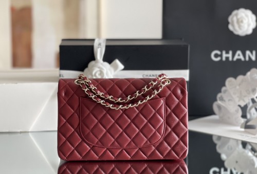 (Authentic Quality)Chanel Classic Flap Inside Stitch Medium Size 25.5 Caviar Leather In Red