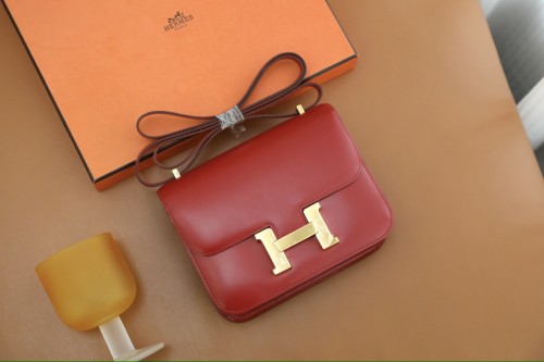 Hermes Constance 19 Box Leather Handmade Bag In Rouge De Cceur