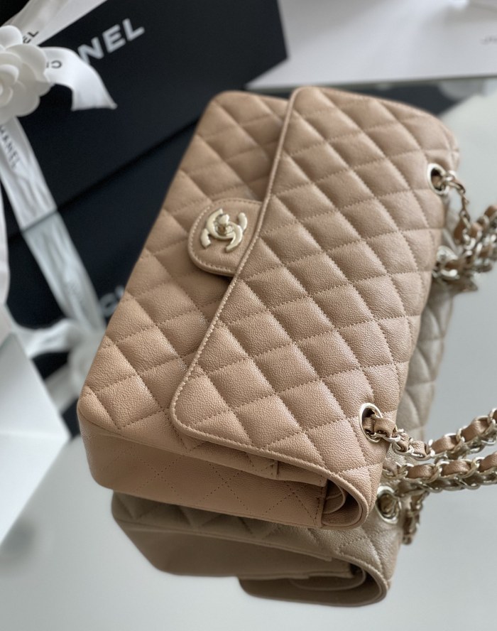 (Authentic Quality)Chanel Classic Flap Medium Size 25.5 Soft Caviar Leather In Beige