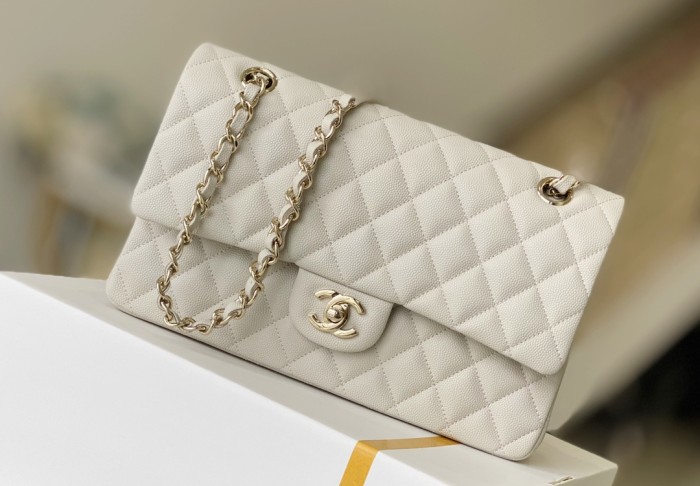 Chanel Classic Flap Medium Size 25.5 Caviar Leather In Off-White