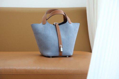 Hermes Picotin 18 Suede/Swift Handmade Bag In Bleu Brighten/Gold