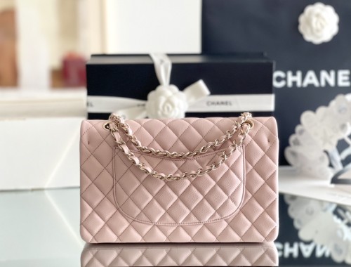 (Authentic Quality)Chanel Classic Flap Inside Stitch Medium Size 25.5 Caviar Leather In Sakura Pink