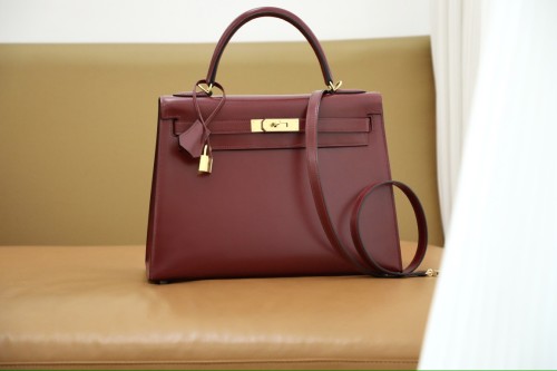 Hermes Kelly Sellier 28 Box Leather Bag in Bordeaux