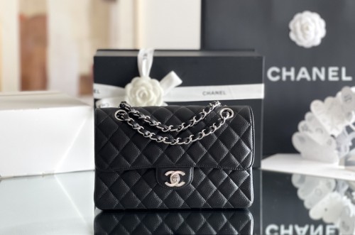 Chanel Classic Flap Outside Stitch Small Size 23 Smooth Caviar Leather In Black