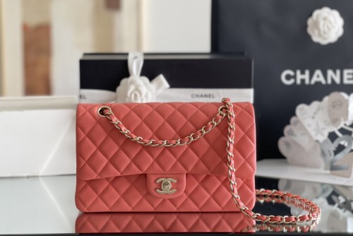 (Authentic Quality)Chanel Classic Flap Inside Stitch Medium Size 25.5 Caviar Leather In Watermelon Red