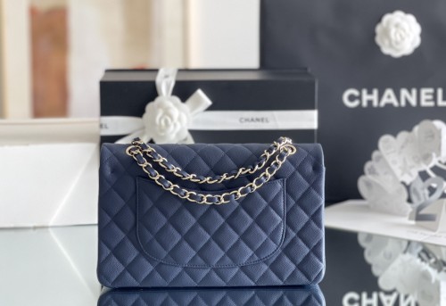 (Authentic Quality)Chanel Classic Flap Inside Stitch Medium Size 25.5 Caviar Leather In Dark Blue
