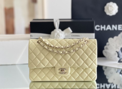(Authentic Quality)Chanel Classic Flap Inside Stitch Medium Size 25.5 Caviar Leather In Yelliow