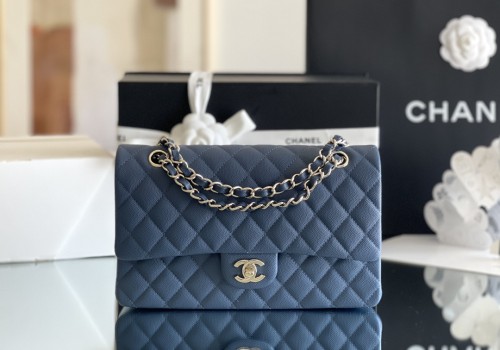 (Authentic Quality)Chanel Classic Flap Inside Stitch Medium Size 25.5 Caviar Leather In Jean Blue
