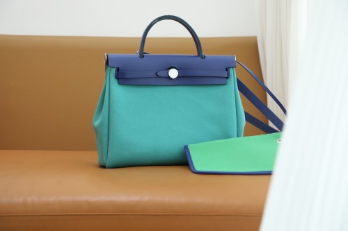 Hermes Herbag 31 Fabric/Swift Inside Stitch Handmade Bag In Bleu Electrique/Vert Verone/Bamaou