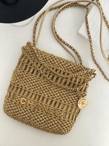 Chanel Mini 22Bag 23cm Cow Leather Handmade Knit In Gold