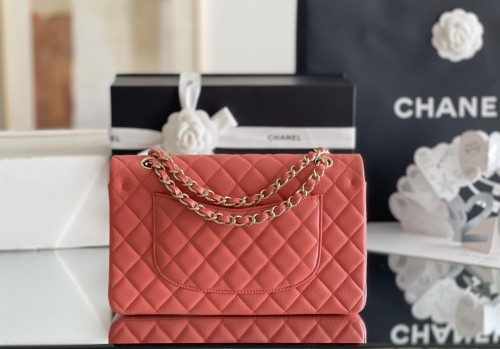 (Authentic Quality)Chanel Classic Flap Inside Stitch Medium Size 25.5 Caviar Leather In Watermelon Red