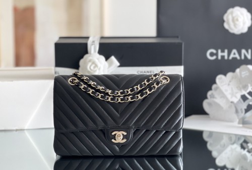 Chanel Classic Flap V Line Medium Size 25.5cm Lamb Leather In Black