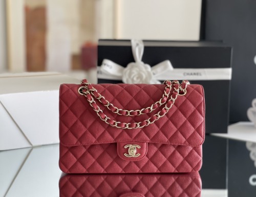 (Authentic Quality)Chanel Classic Flap Outside Stitch Medium Size 25.5 Soft Caviar Leather In Red
