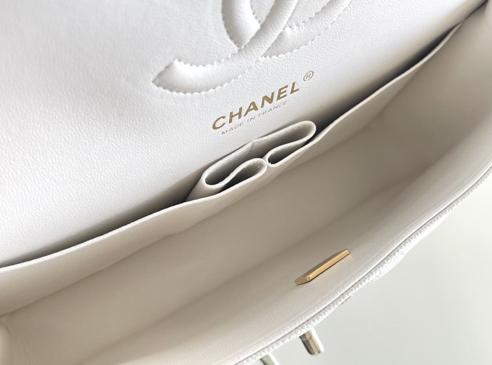 Chanel Classic Flap Inside Stitch Medium Size 25.5 Caviar Leather In Pure White