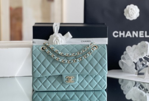 (Authentic Quality)Chanel Classic Flap Inside Stitch Medium Size 25.5 Caviar Leather In Mint Green