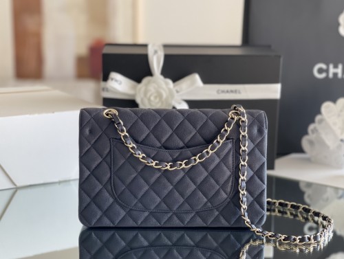 (Authentic Quality)Chanel Classic Flap Outside Stitch Medium Size 25.5 Soft Caviar Leather In Dark Blue