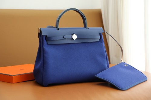 Hermes Herbag 31 Fabric/Swift Inside Stitch Handmade Bag In Bleu Electrique