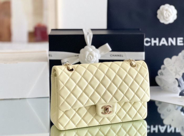 (Authentic Quality)Chanel Classic Flap Inside Stitch Medium Size 25.5 Caviar Leather In Yelliow