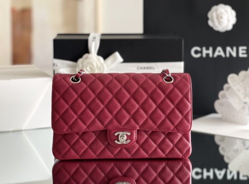 (Authentic Quality)Chanel Classic Flap Outside Stitch Medium Size 25.5 Caviar Leather In Red